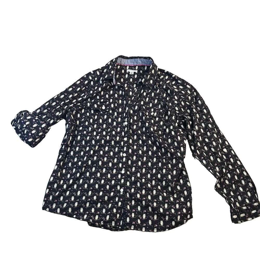 Croft & Barrow Owl Print Roll Tab Button Up Shirt Top Black Womens Size XL